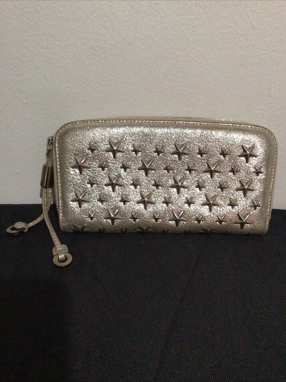 Jimmy Choo Silver Star Studded Long Wallet Round Zipper Leather Preloved Luxury
